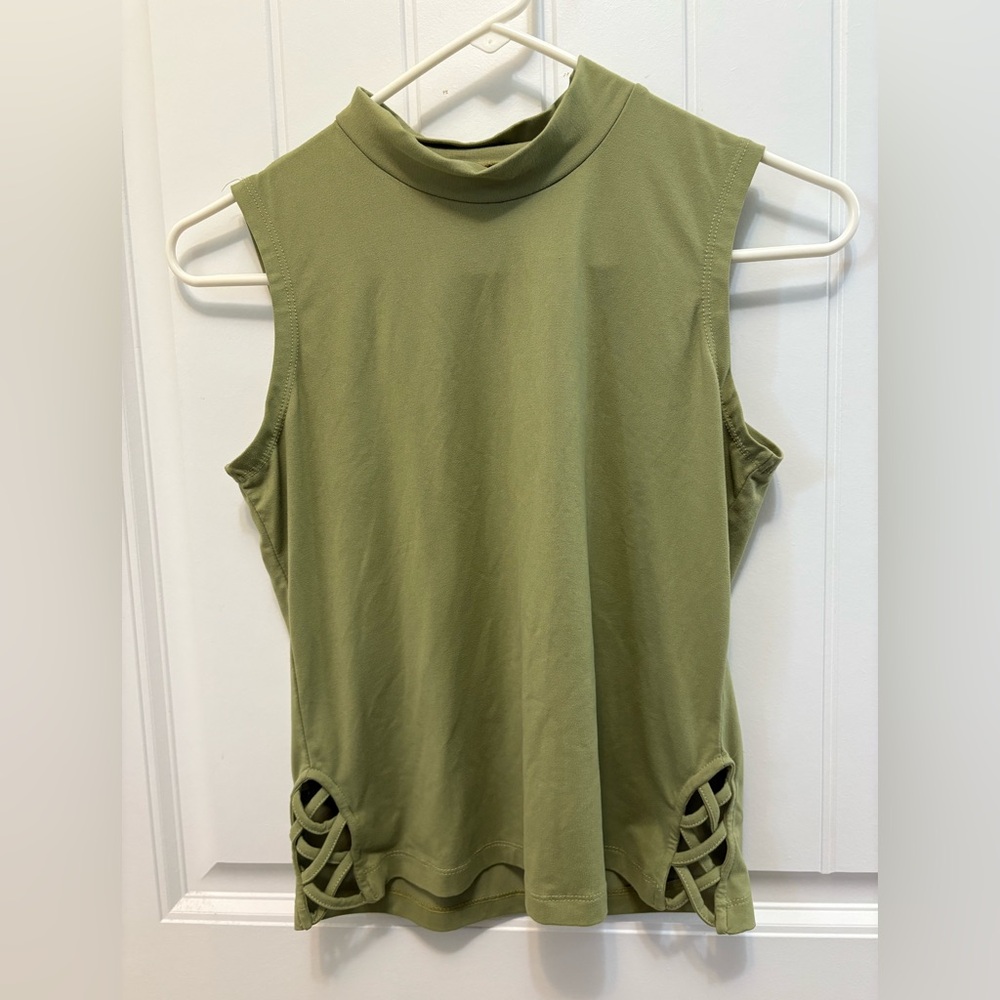 Hot Kiss Olive Green Sleeveless Women's Top with side detail. Size Large.